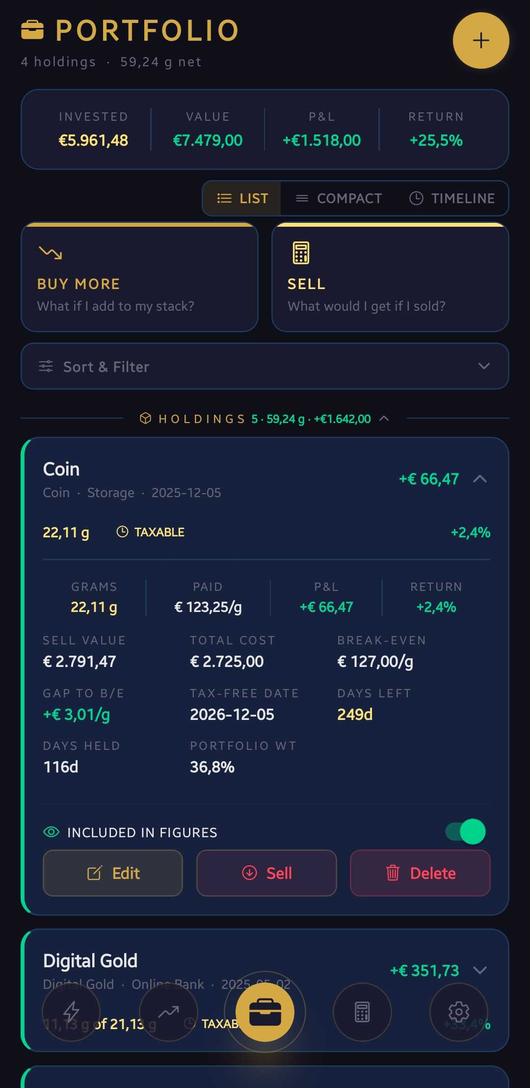 Portfolio P&L screen